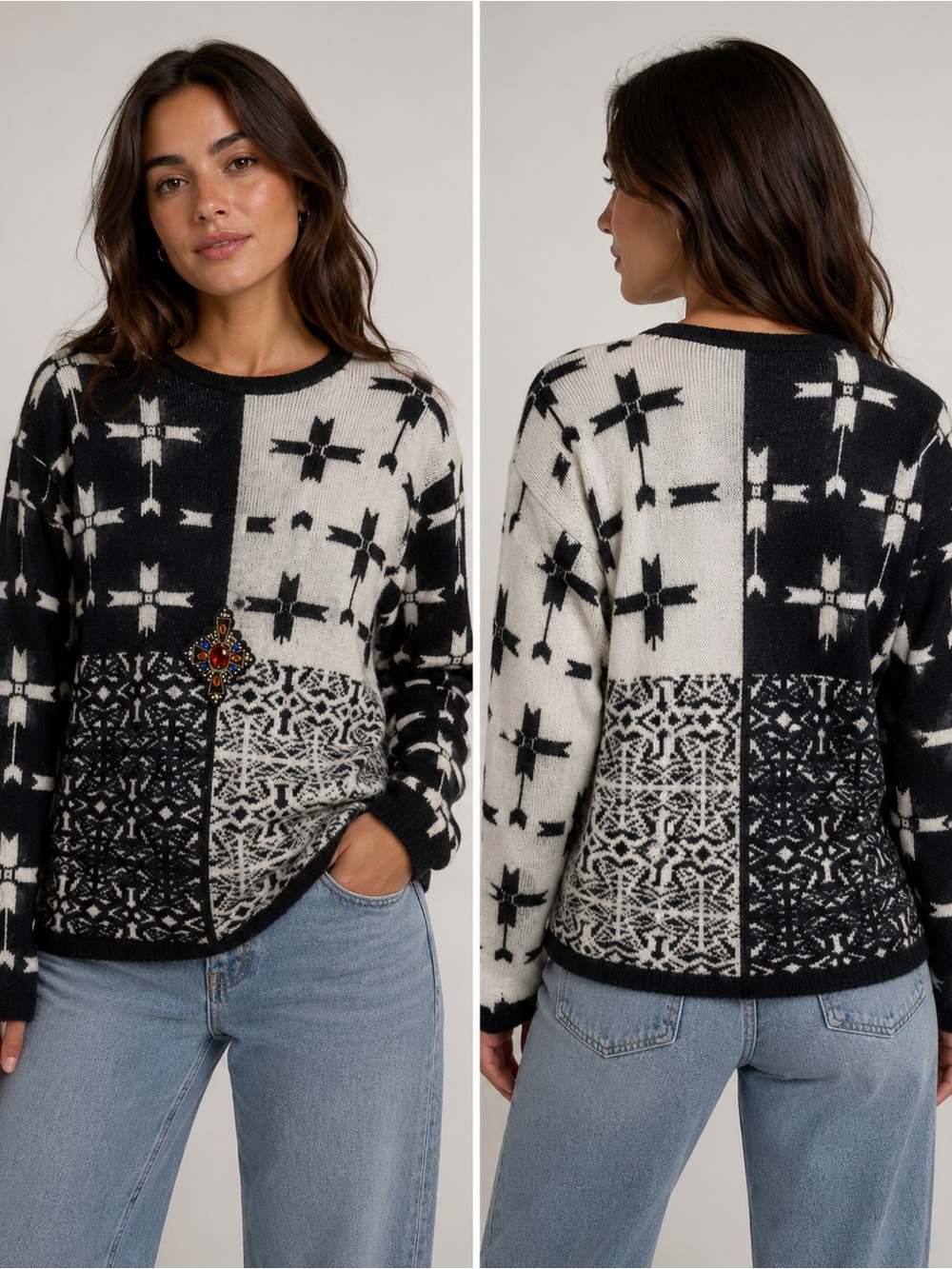 Kitty Hawk by Vivian Wang Black & White Patterned Women’s Sweater